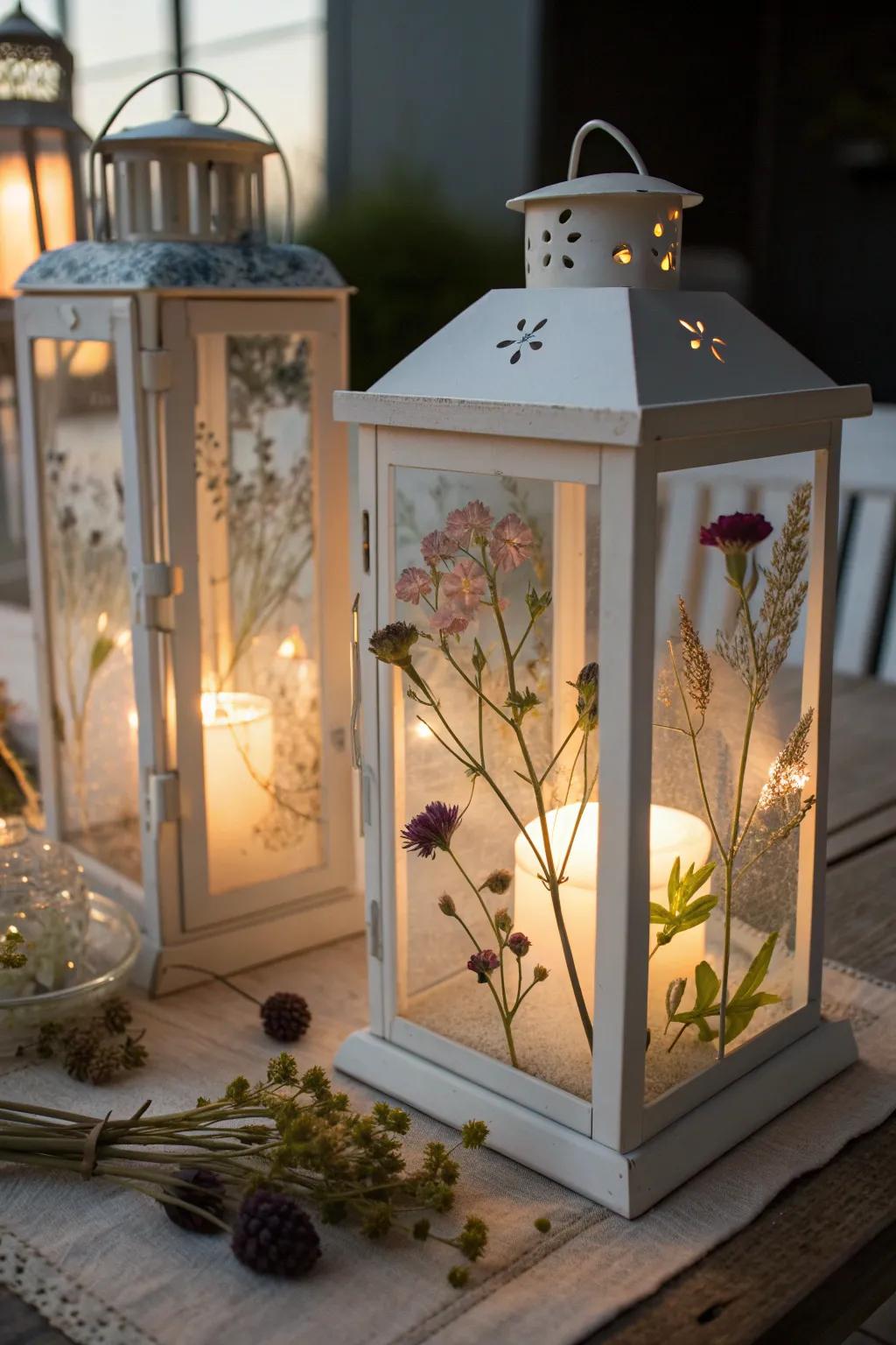 Delicate pressed flower luminaries celebrating nature.