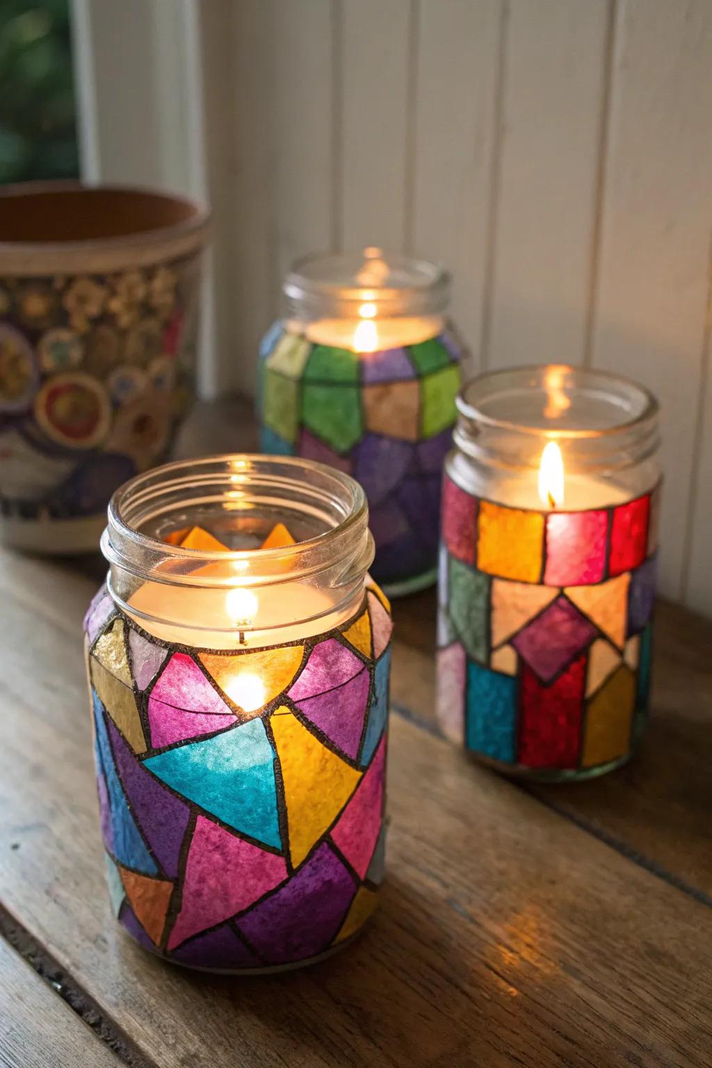 Vibrant stained glass luminaries casting colorful light.