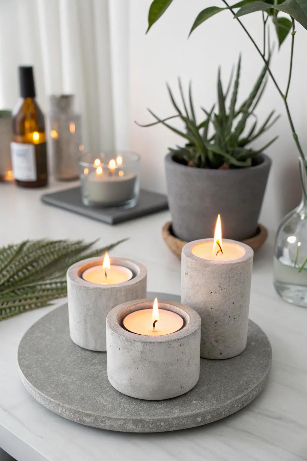 Modern concrete candle holders for an industrial edge.