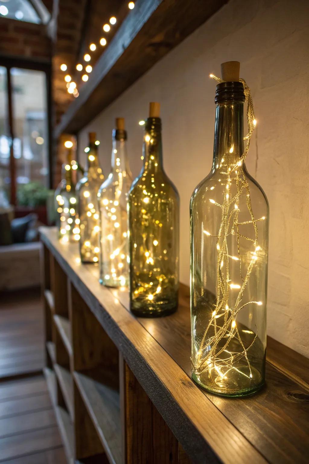 Eco-friendly upcycled glass bottle lights.