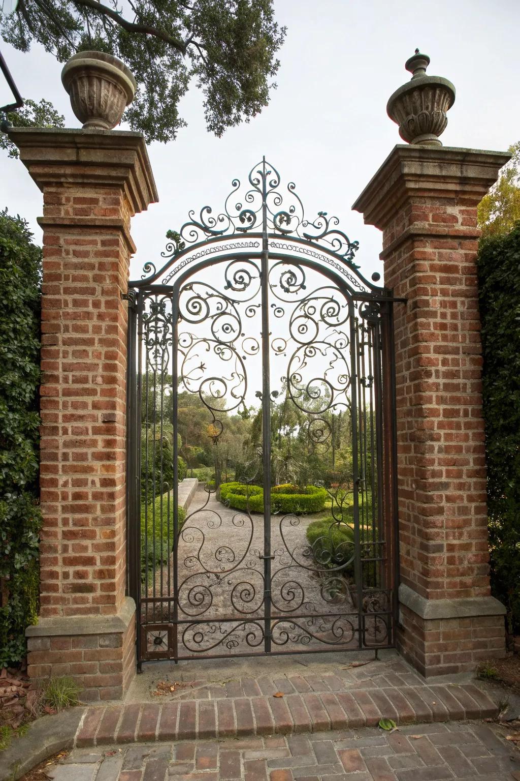 A classic wrought iron gate that exudes timeless elegance.