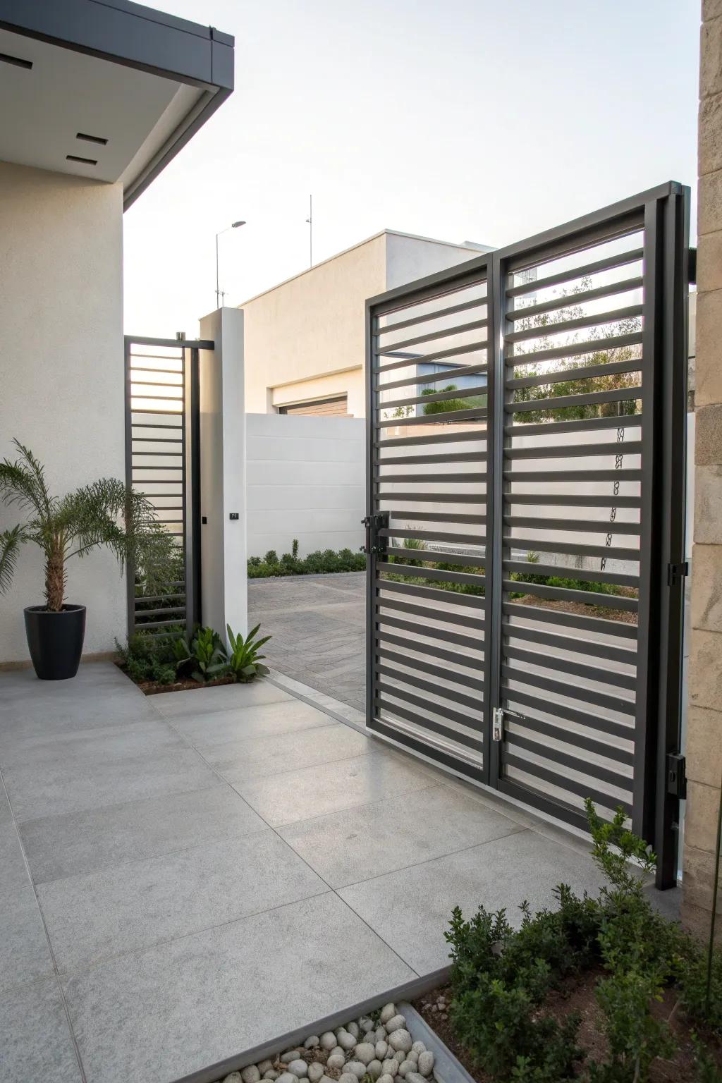 A sleek and modern metal gate with horizontal slats for a minimalist look.