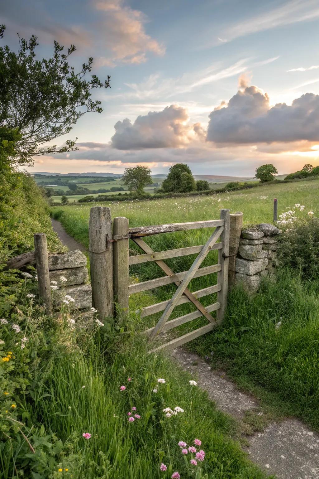 A rustic wooden gate adds countryside charm to your home.