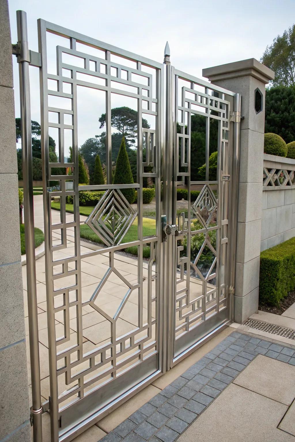 A metal gate with geometric patterns offers both security and style.