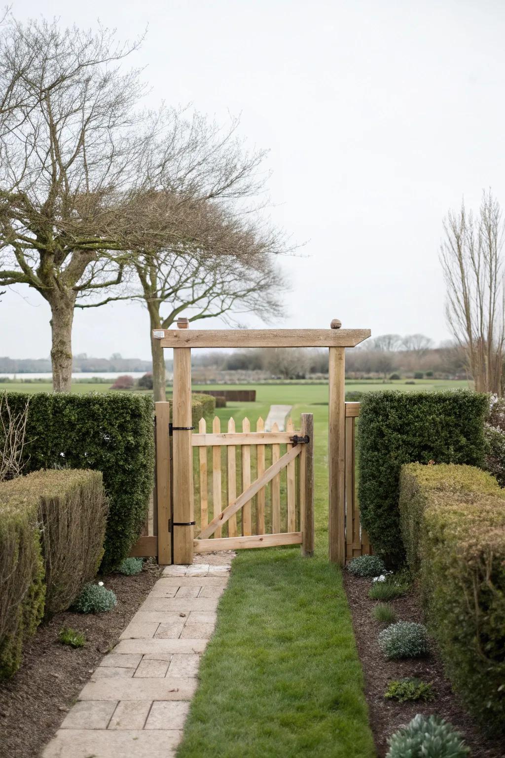 A simple wooden gate offers understated elegance.