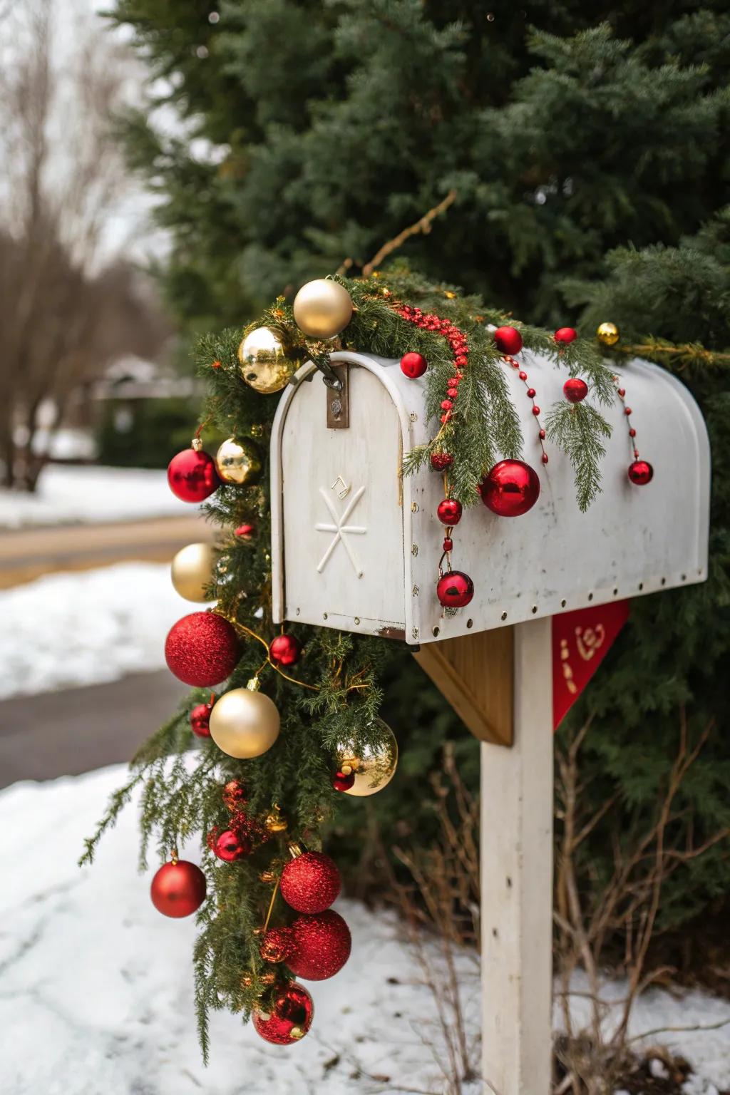 A mailbox sparkling with festive ornaments, adding holiday magic to the street.