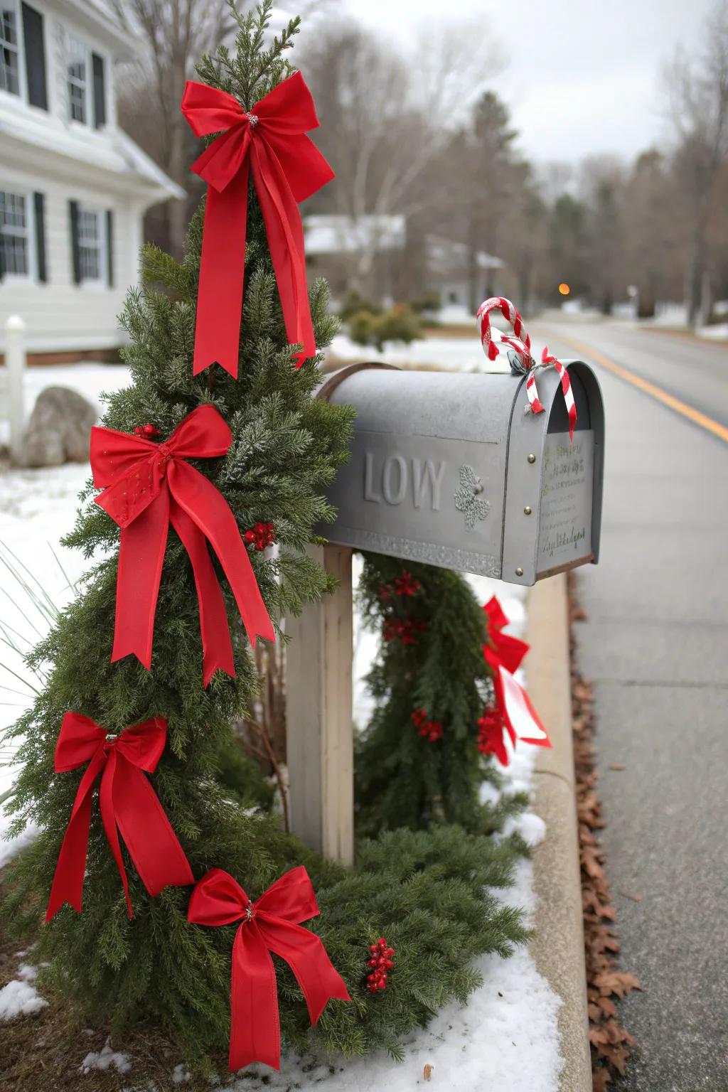 A festive mailbox adorned with bold ribbons and bows, ready to spread holiday cheer.