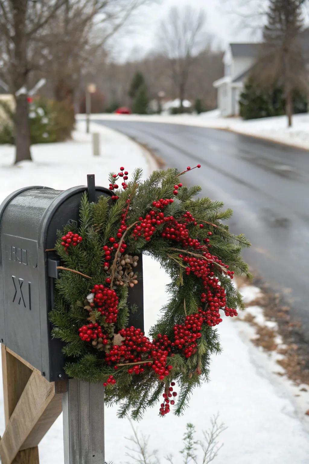 A mailbox with a grand holiday wreath, creating a festive focal point.
