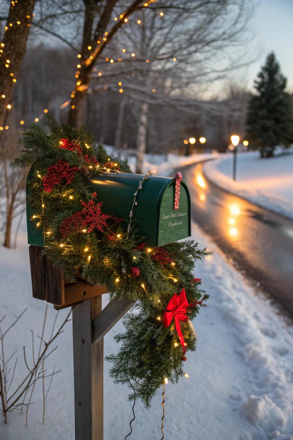 A mailbox aglow with twinkling lights, creating a warm and inviting holiday atmosphere.