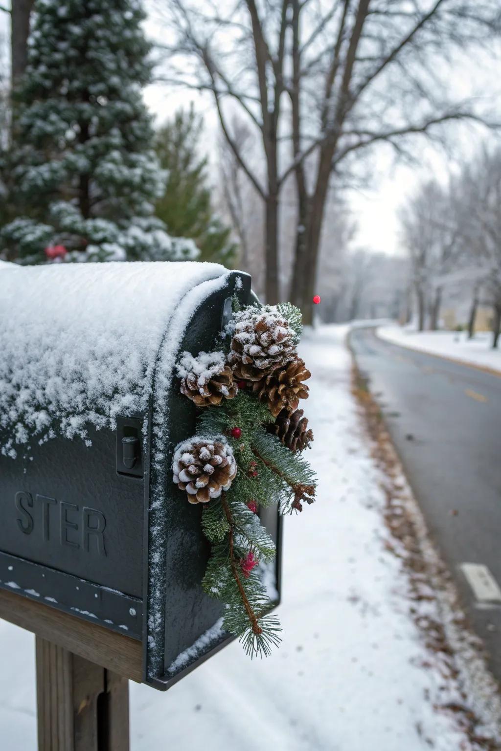 A mailbox adorned with snowy pine cones and shimmering details, capturing winter's beauty.