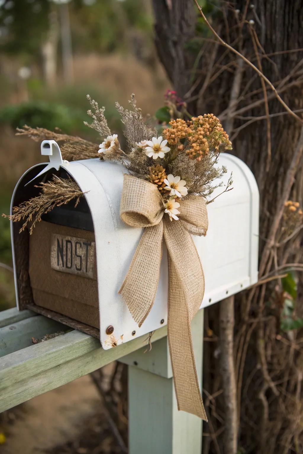 A rustic mailbox design featuring burlap ribbons, adding a warm, natural touch.