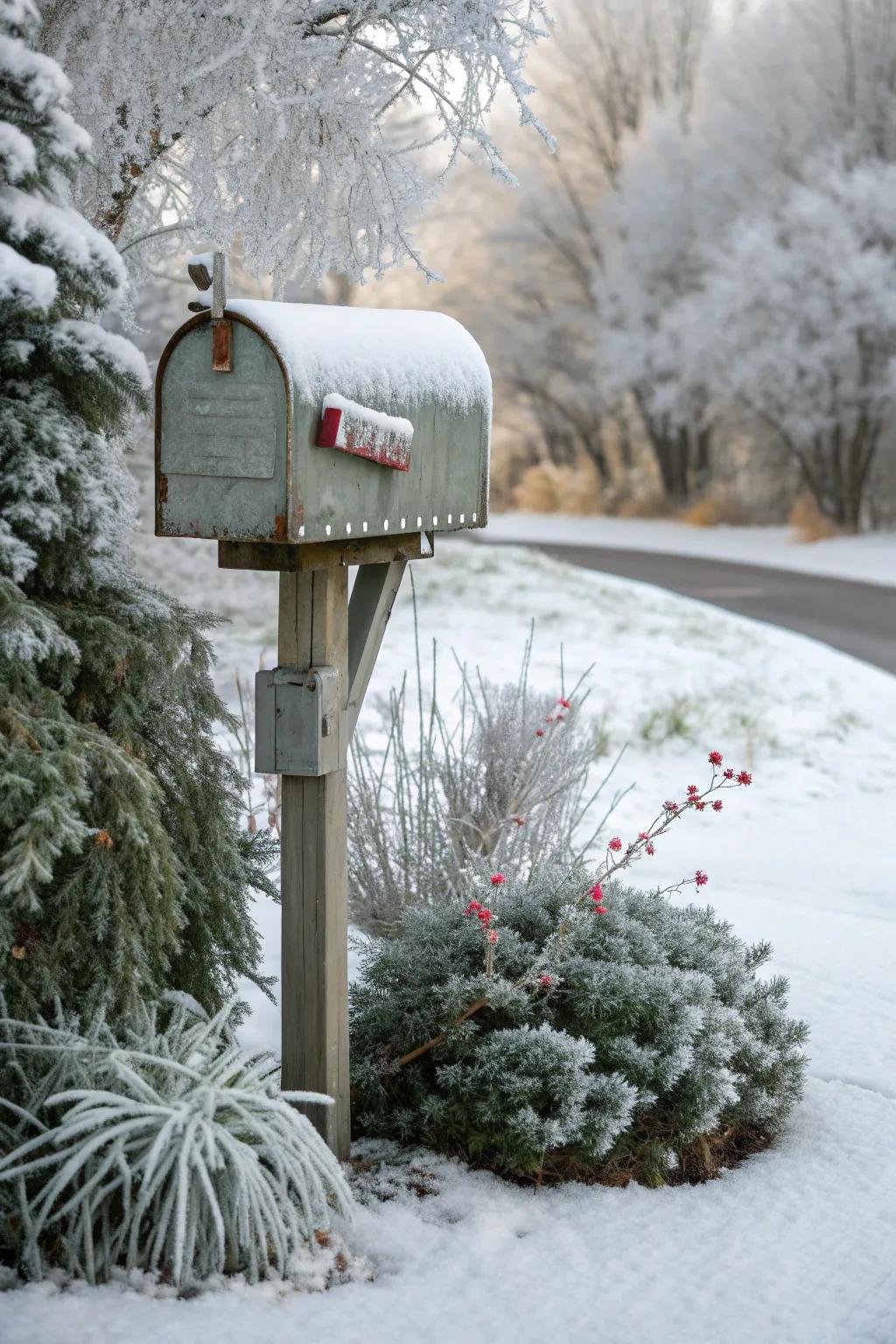 A frosted mailbox design, capturing the tranquil beauty of a snowy holiday.
