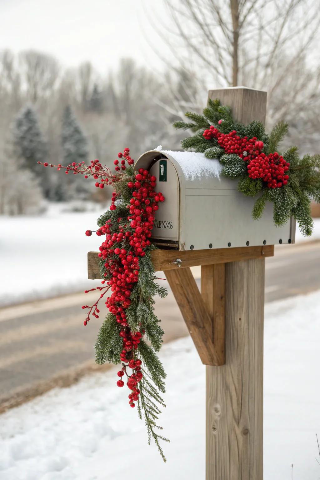 A mailbox brightened with red berry accents, offering a lively splash of color.