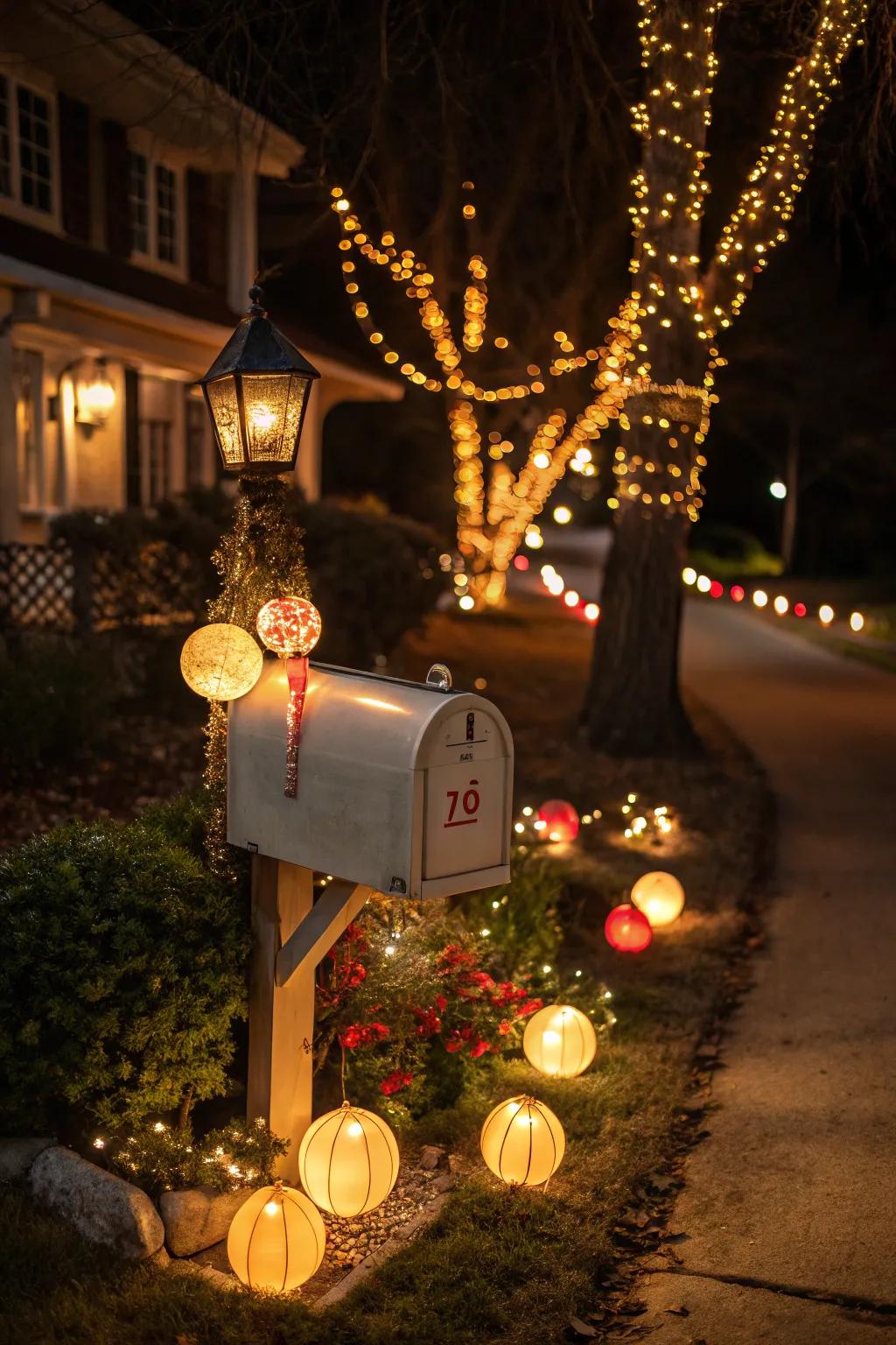 A mailbox warmly lit by lanterns, offering a cozy glow for the holidays.