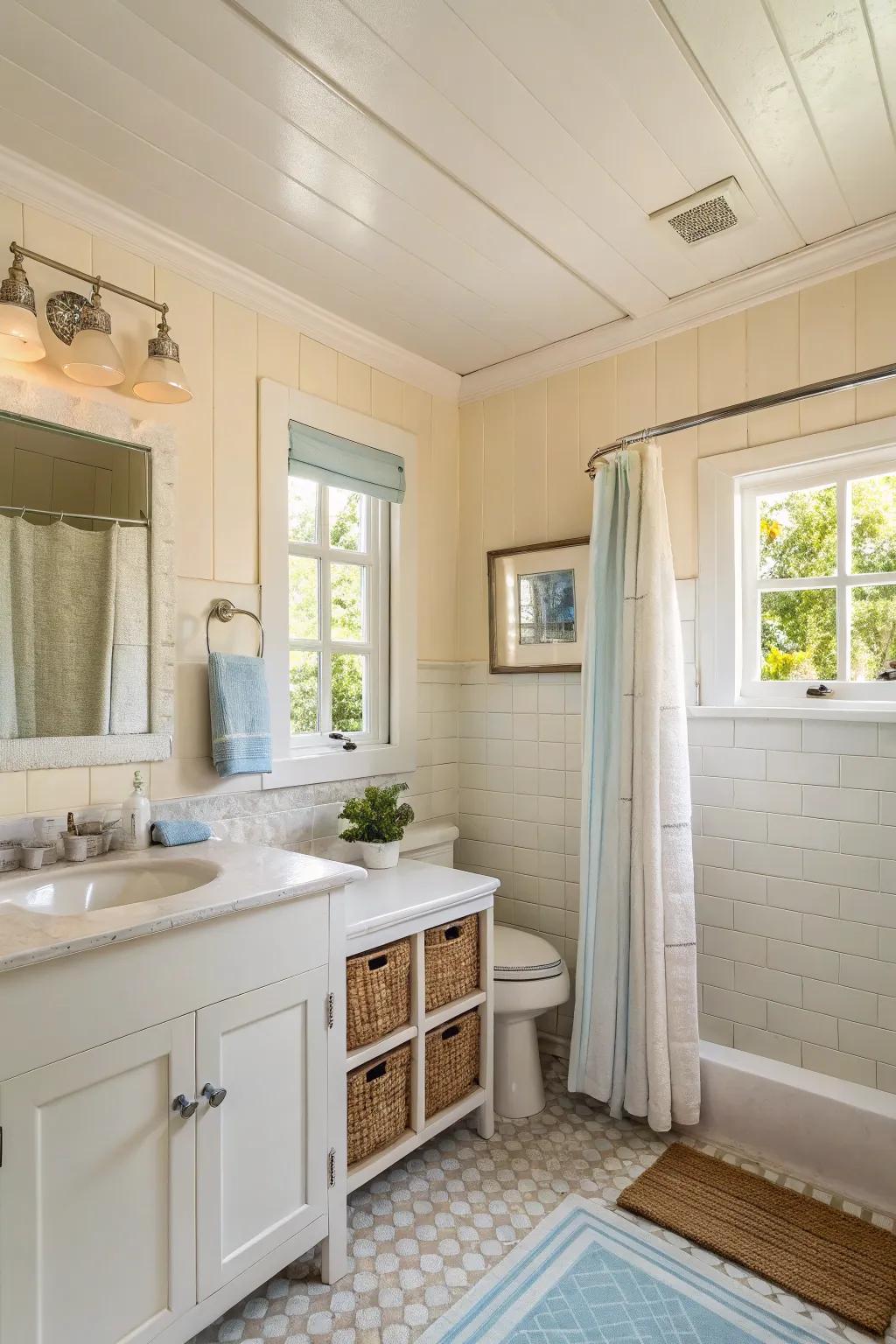 Use neutral colors to create a calming, beach-inspired cabana bathroom.