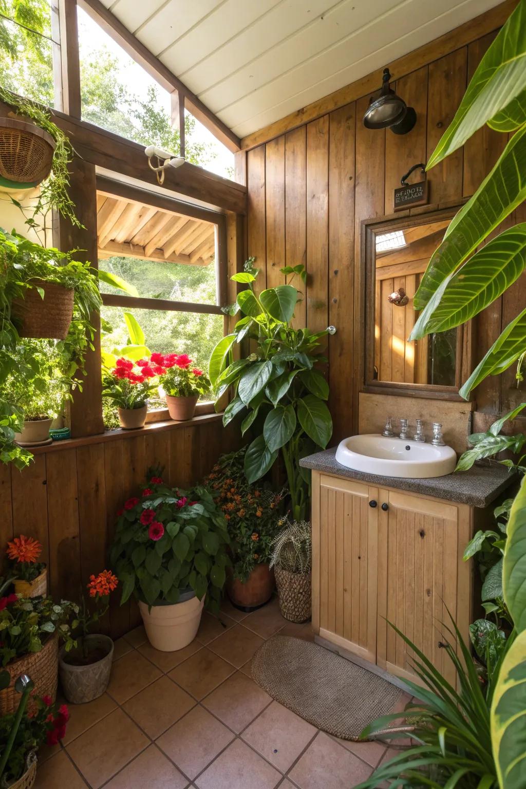Greenery adds vibrancy and a tropical feel to your cabana bathroom.