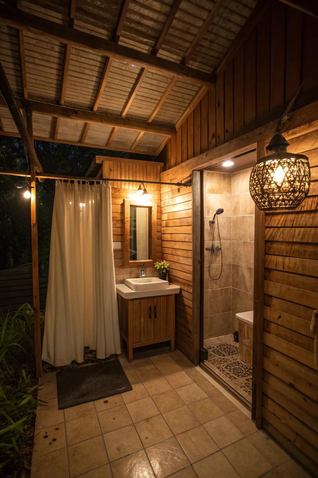 Layered lighting can transform the mood of your cabana bathroom.