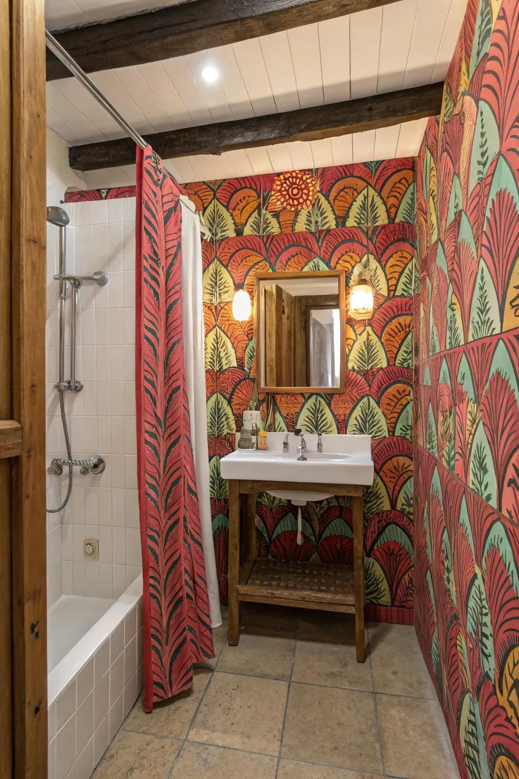 Bold wallpaper can instantly inject personality into your cabana bathroom.