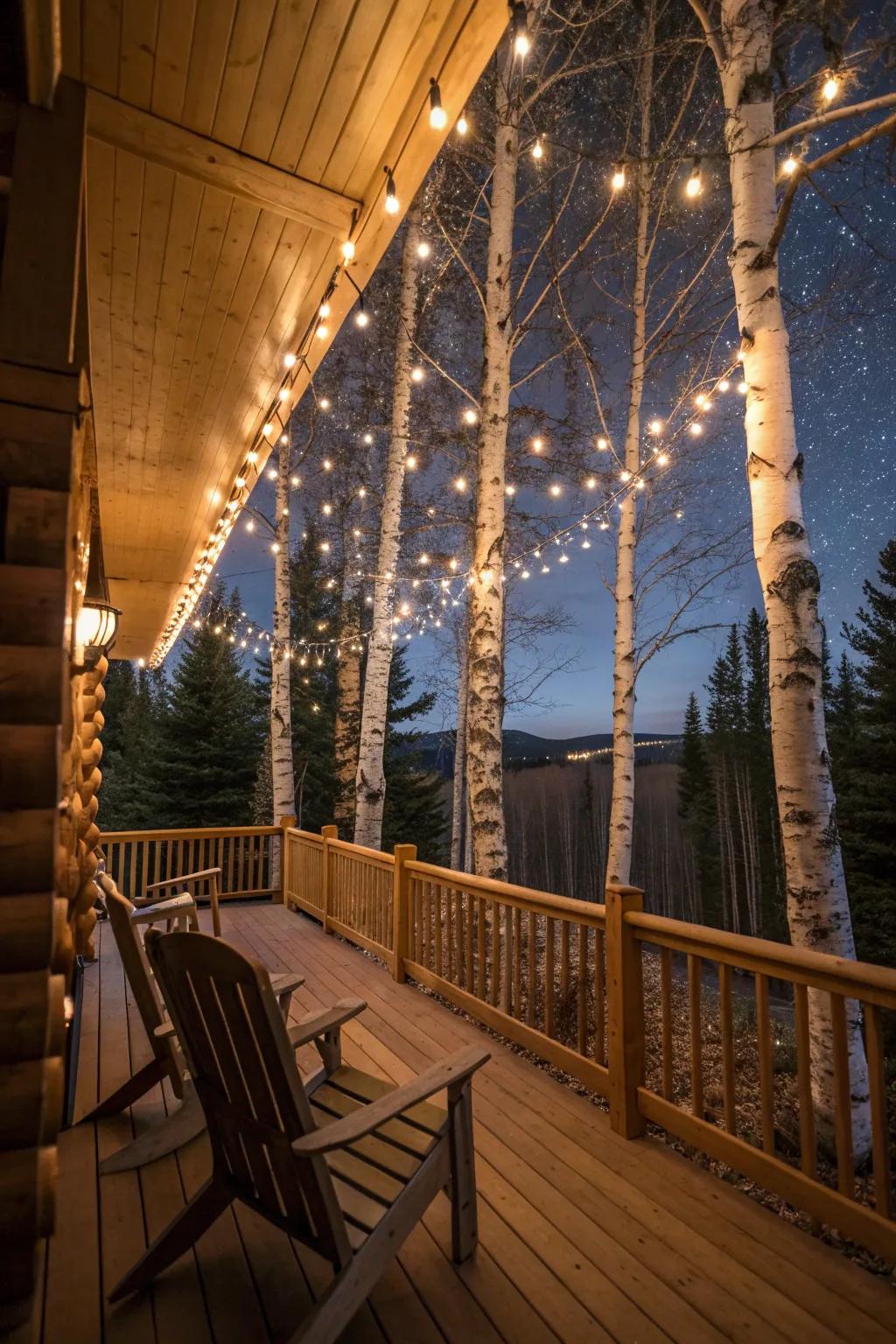 Festive porch with illuminated birch trees