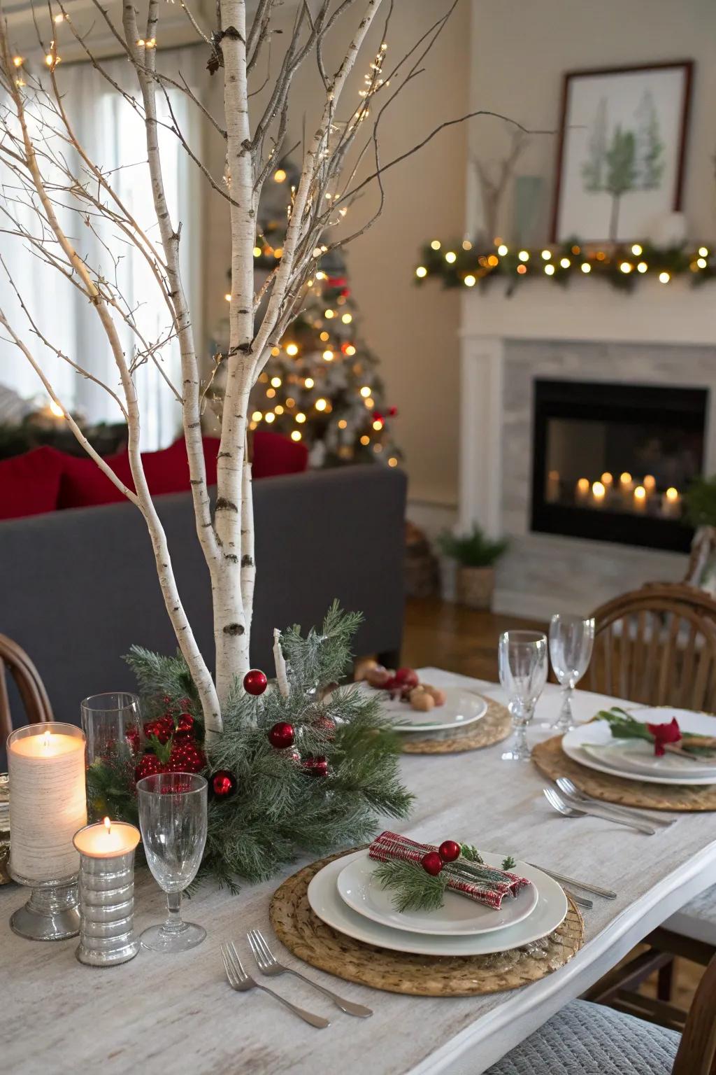 Elegant table setting with a birch tree centerpiece