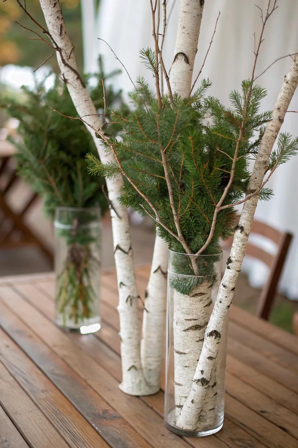 Natural arrangements of birch and evergreen in vases