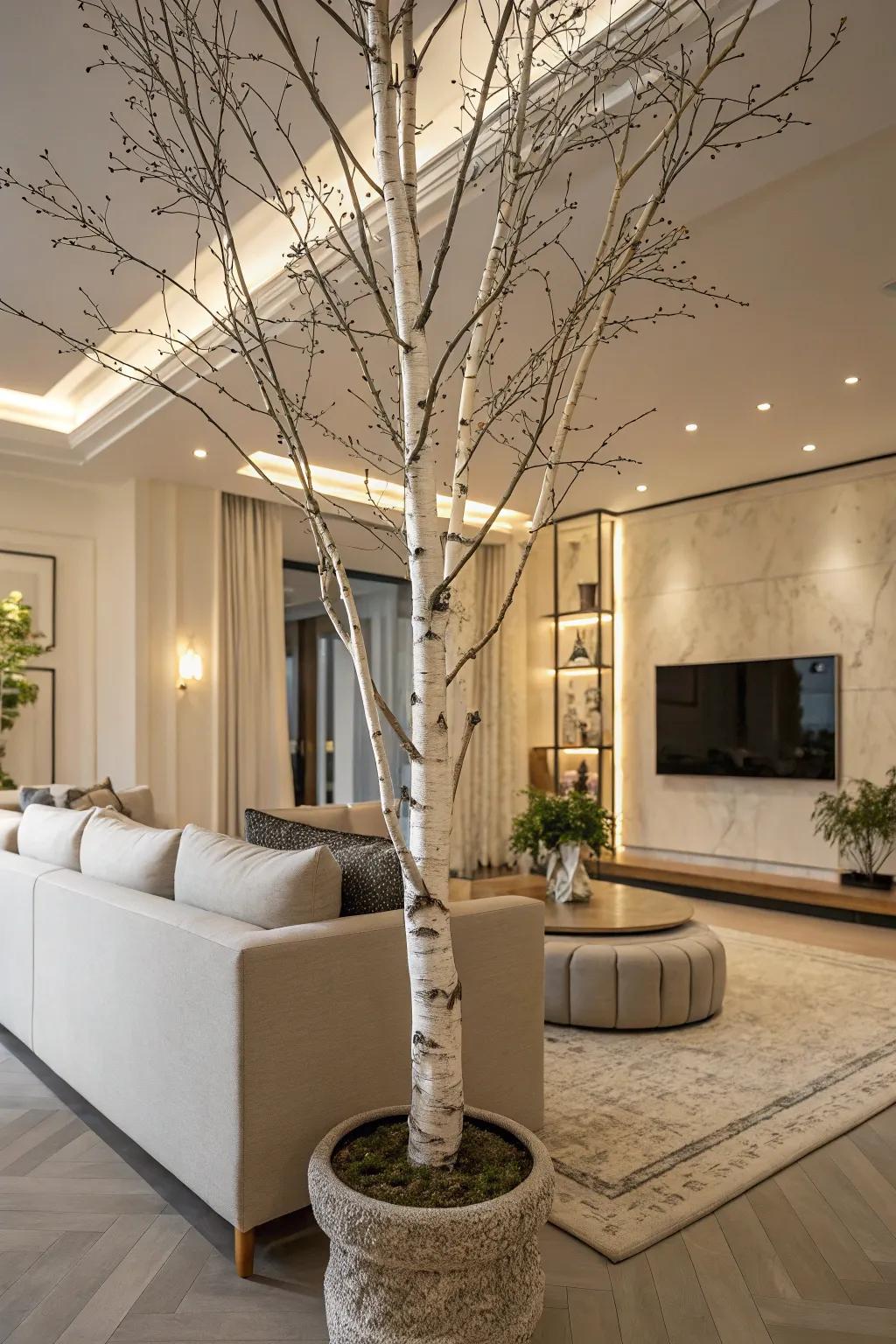 Chic minimalist birch tree in a modern living room