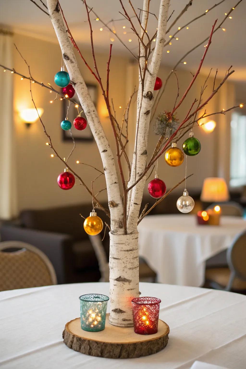 Festive table centerpiece with birch and ornaments