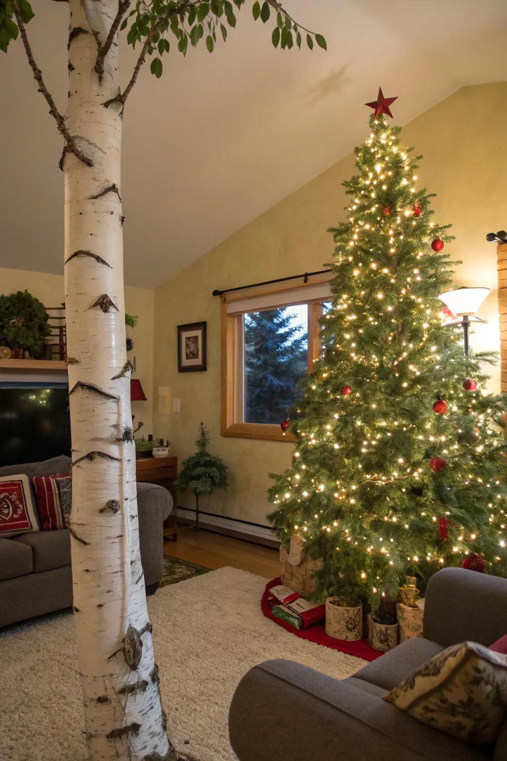 Layered decor with birch and traditional Christmas trees