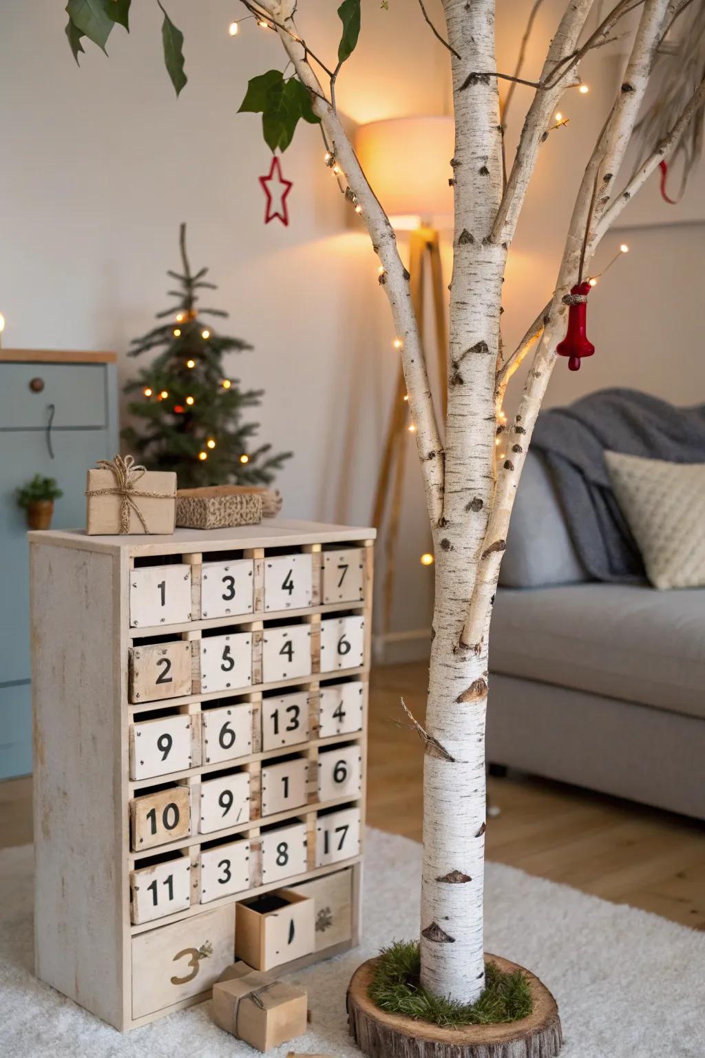 Creative birch tree Advent calendar with drawers