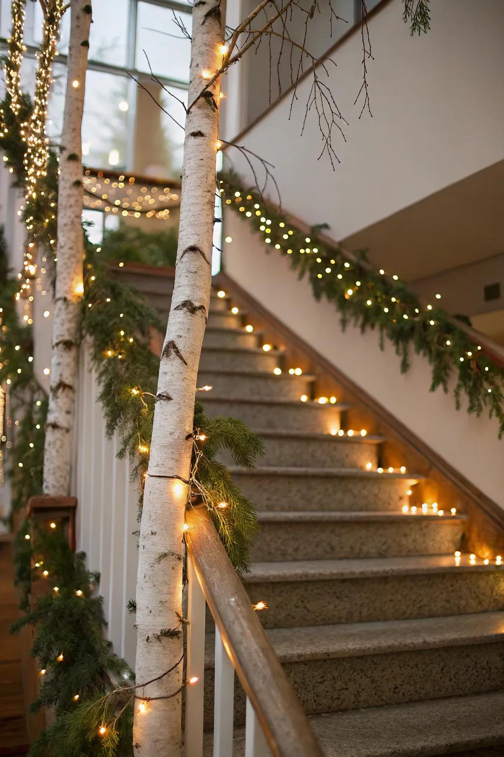 Grand staircase adorned with birch garlands and lights