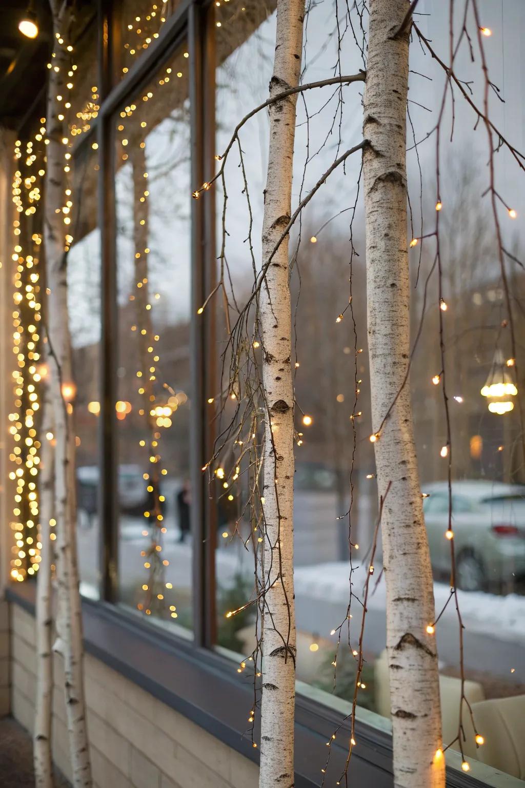 Festive window display featuring birch branches