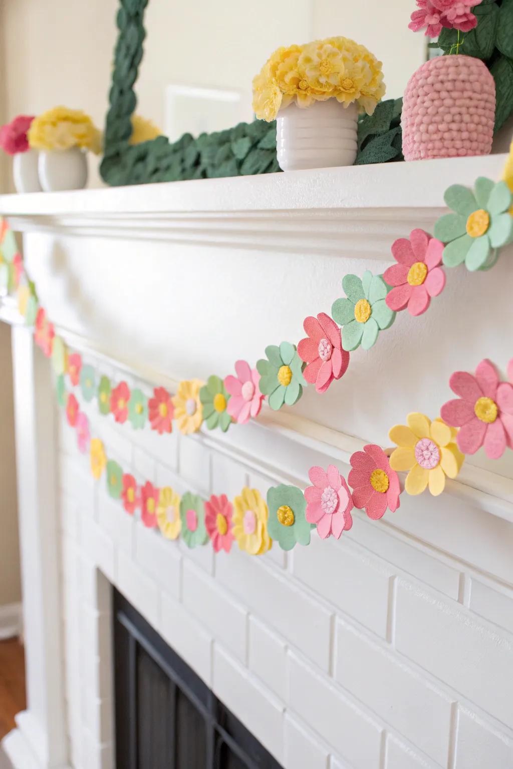 Whimsical felt flowers create a unique spring garland.