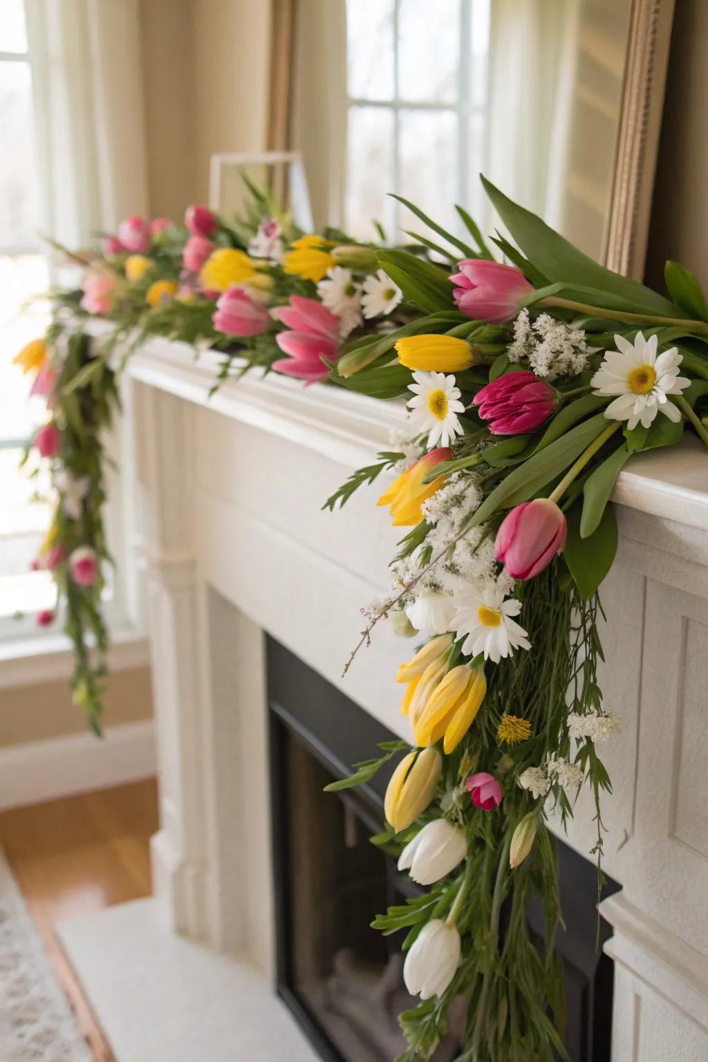 A vibrant garland of tulips and daisies brings spring indoors.