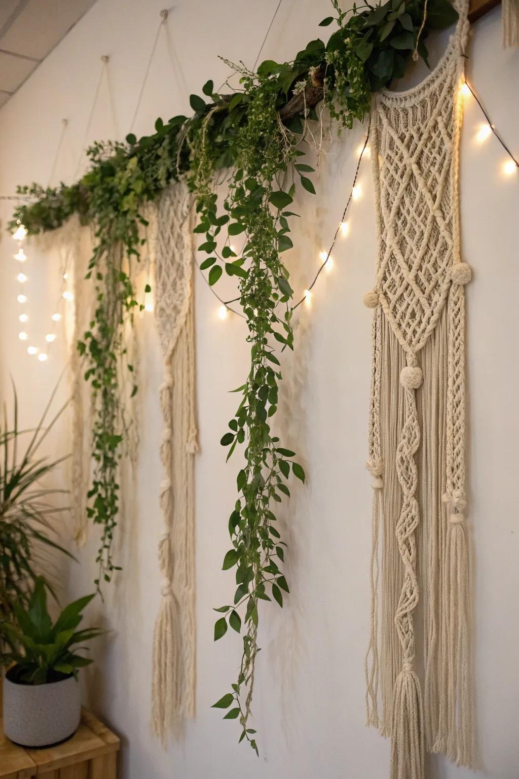 Macramé and greenery create a boho-chic spring garland.