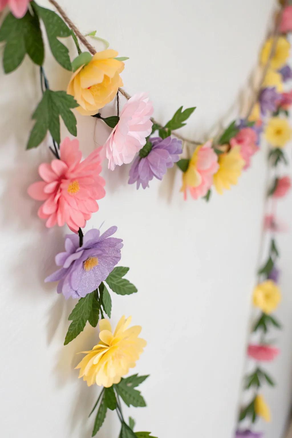 Paper flowers add a DIY touch to a personalized garland.