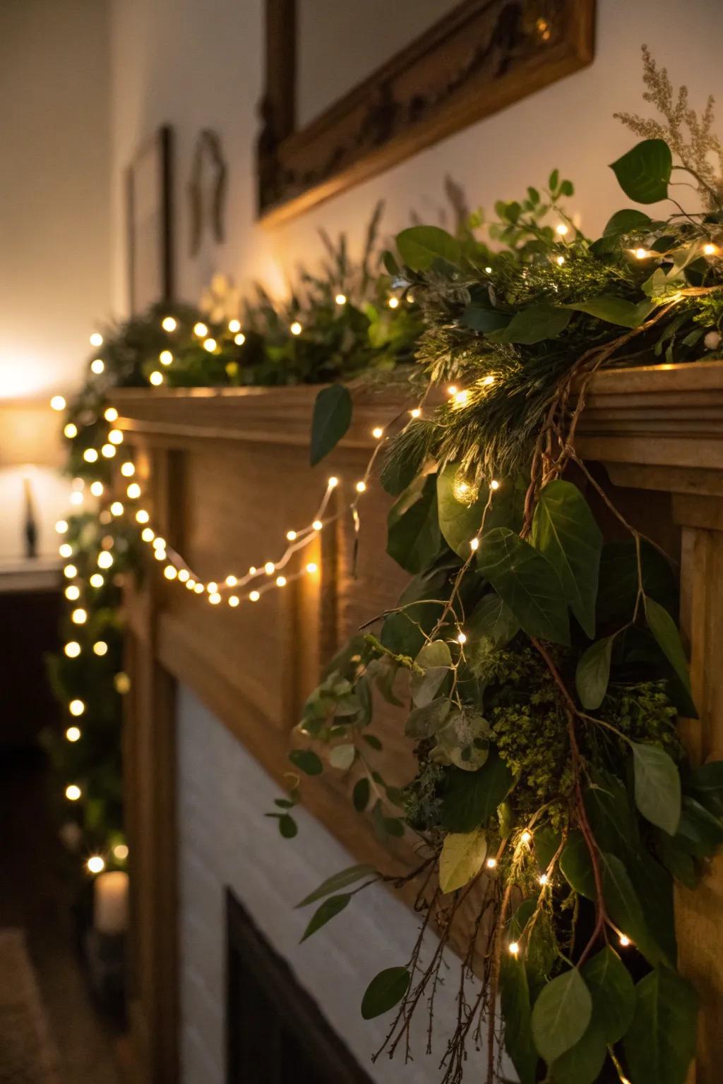 String lights add a warm glow to a spring garland.