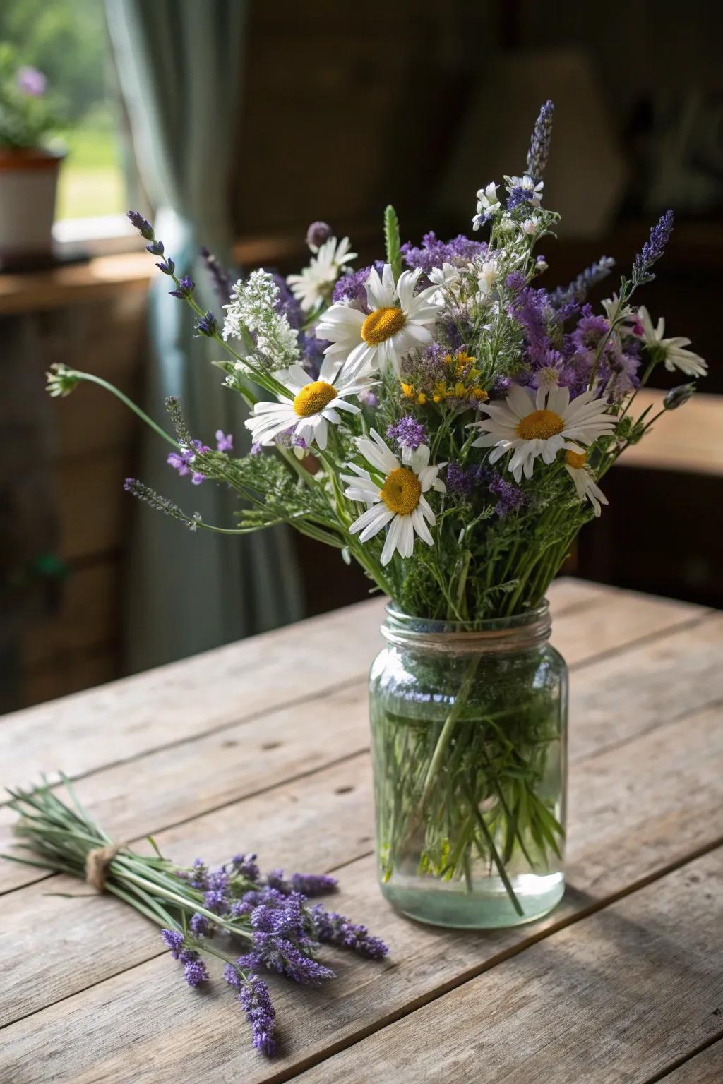 A whimsical wildflower bouquet in a glass jar.