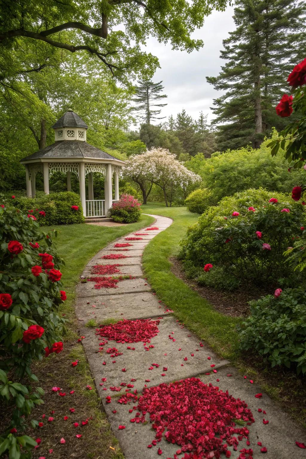 A winding path of rose petals leading to a romantic gazebo.