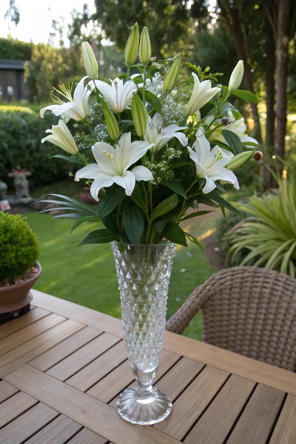 Elegant white lilies with greenery in a crystal vase.