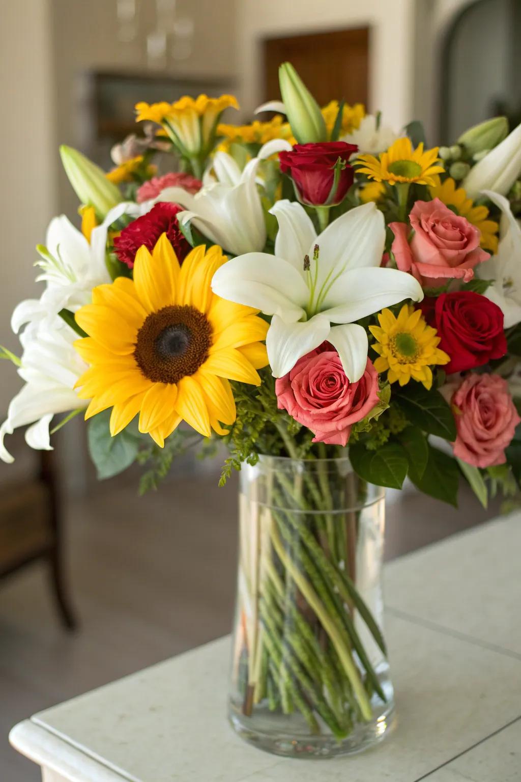 A vibrant mixed bouquet with sunflowers and roses.