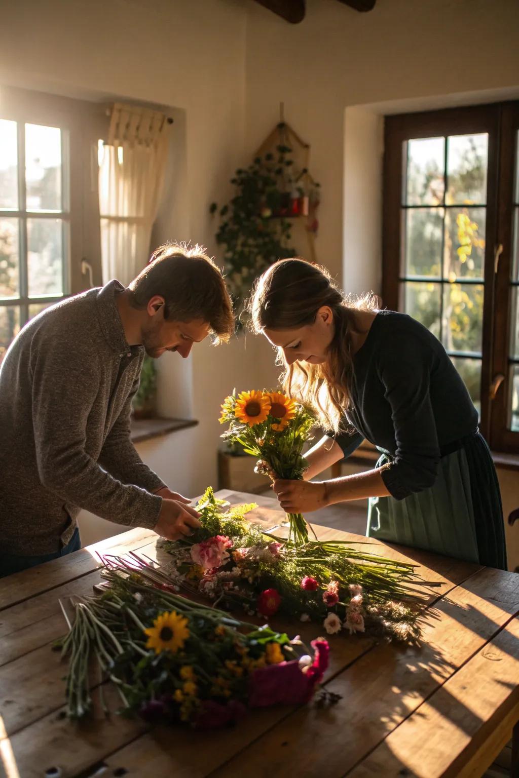 A couple creating their own flower arrangement.