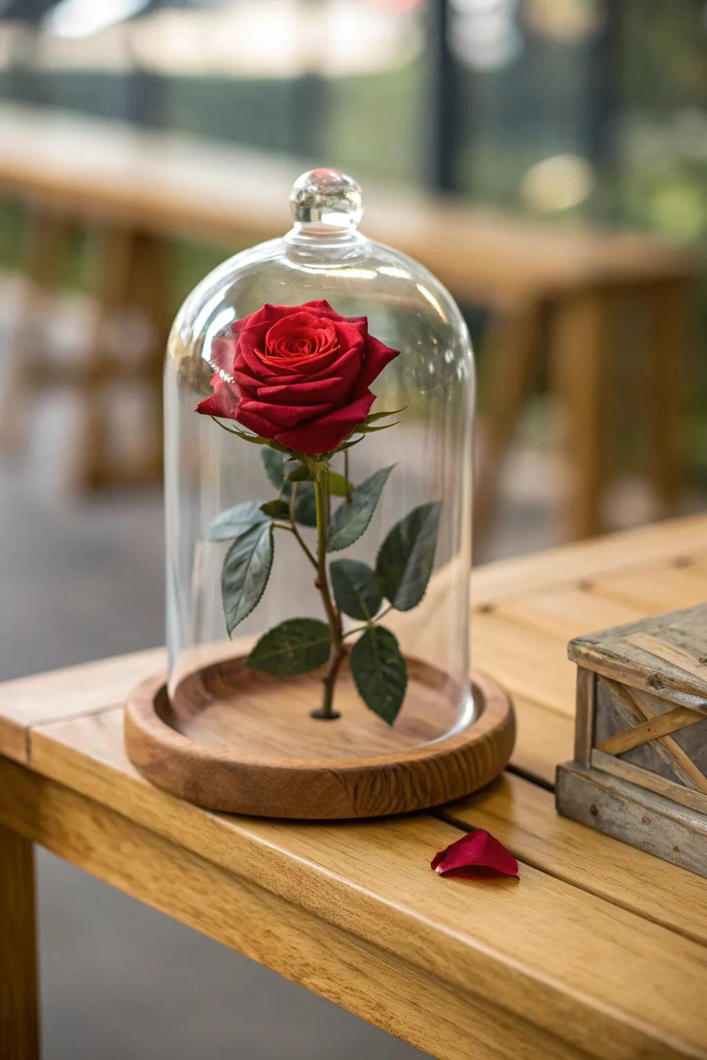 A timeless forever rose in a glass dome.