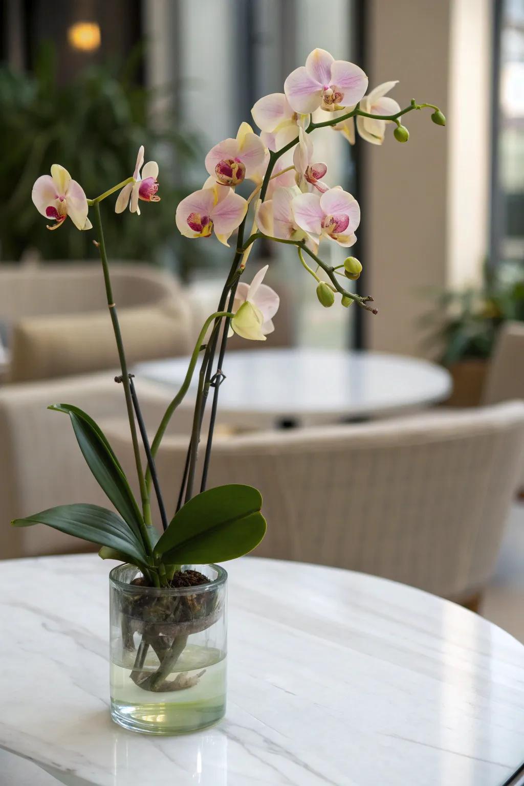An elegant orchid in a simple glass vase.