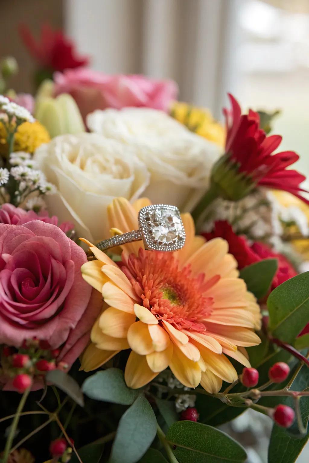 A bouquet highlighting an engagement ring.