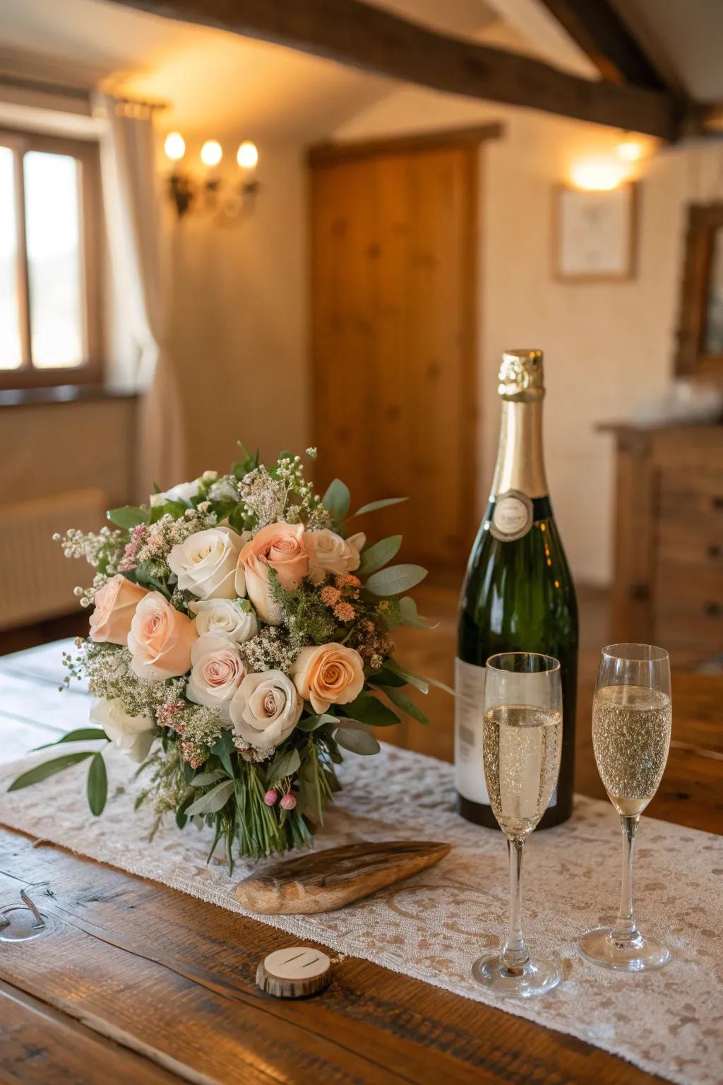 Champagne and blooms for a celebratory proposal.