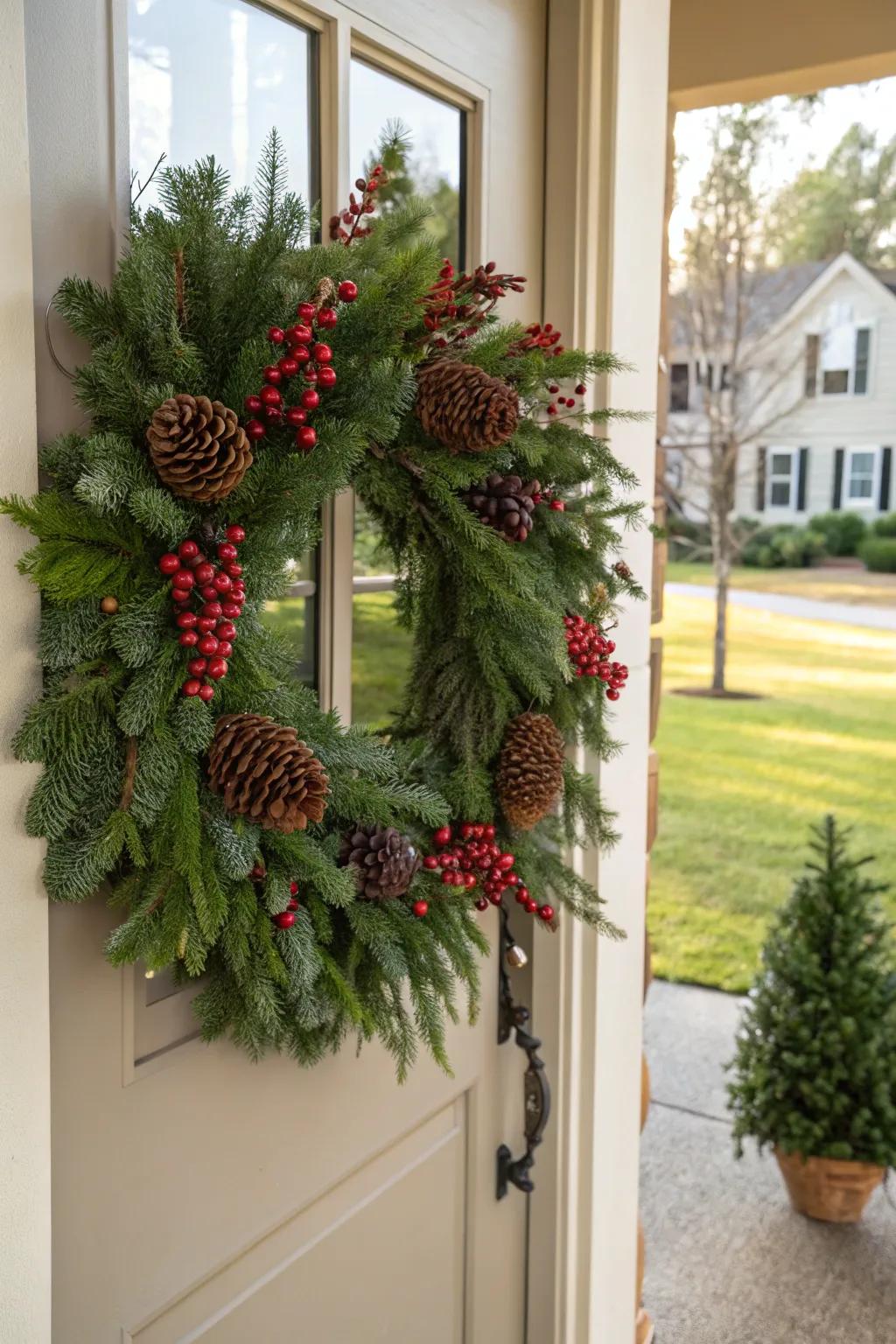Classic evergreen wreath with pine cones and berries.