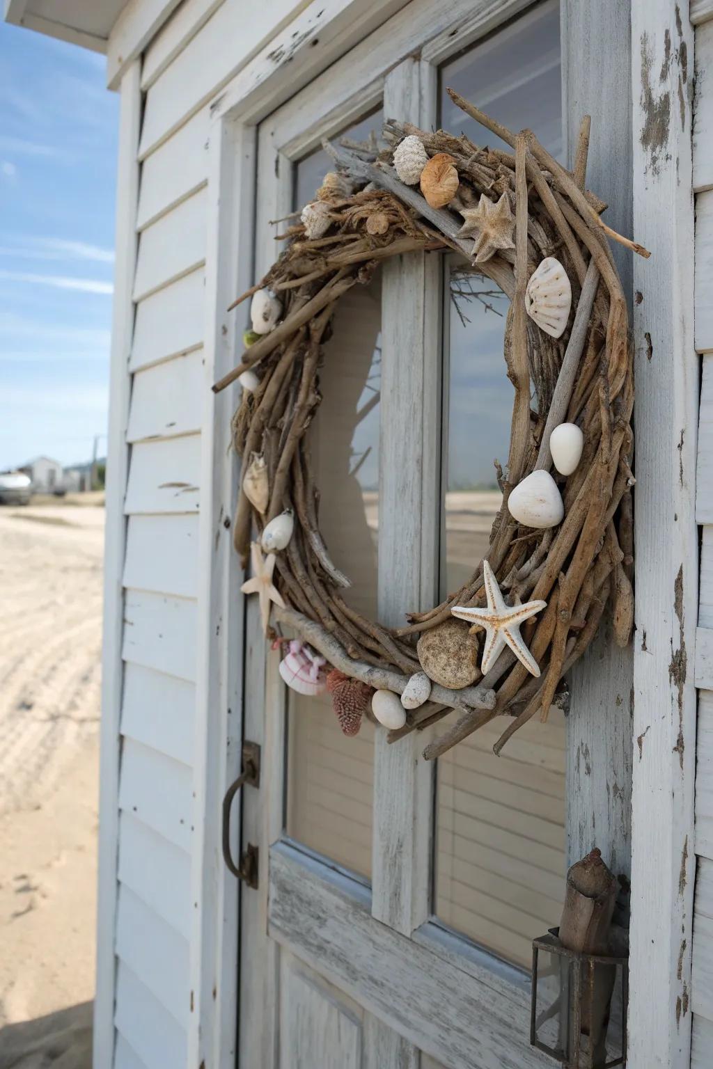 Seaside-themed wreath with driftwood and shells.