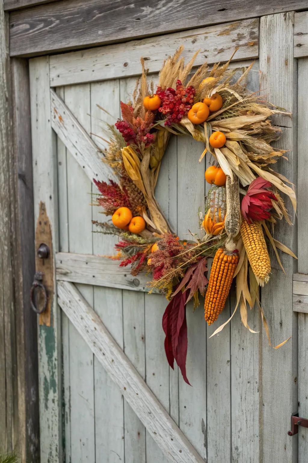 Harvest wreath featuring corn husks and pumpkins.