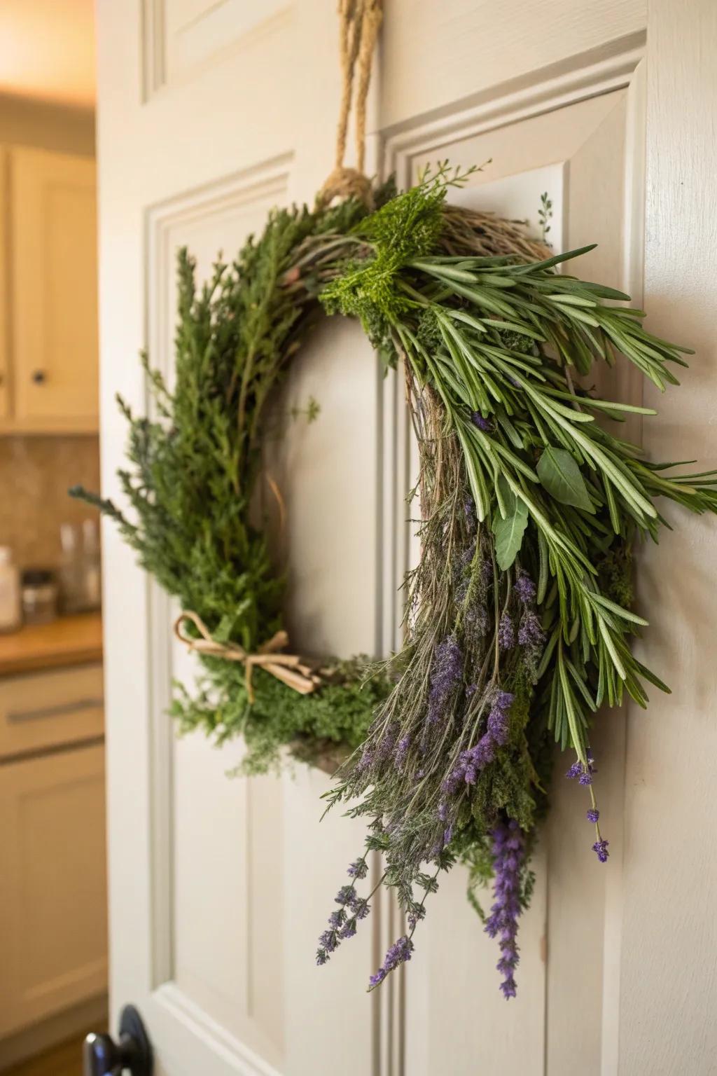Fragrant herb wreath for a kitchen door.