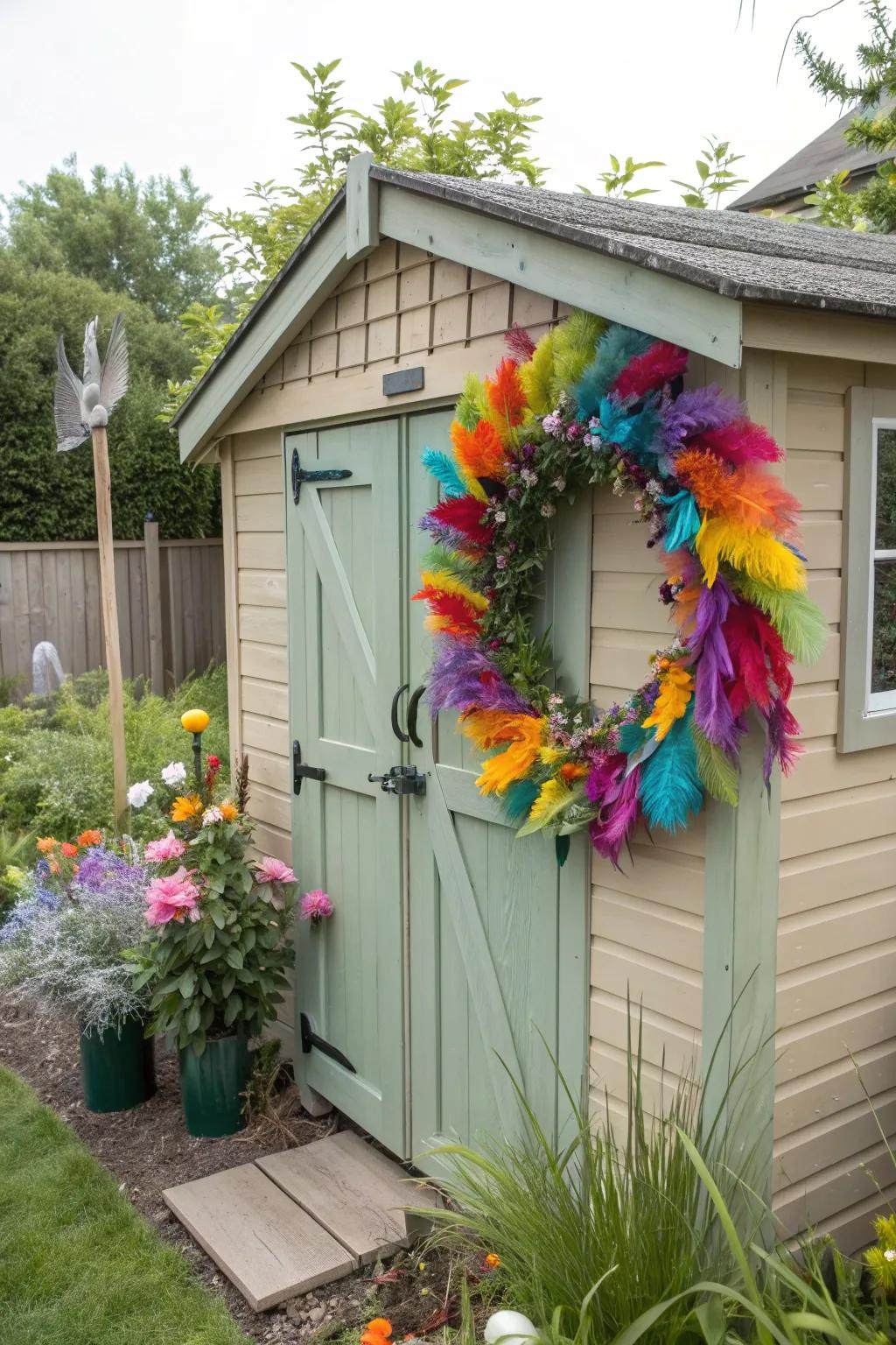 Whimsical feather-adorned wreath.